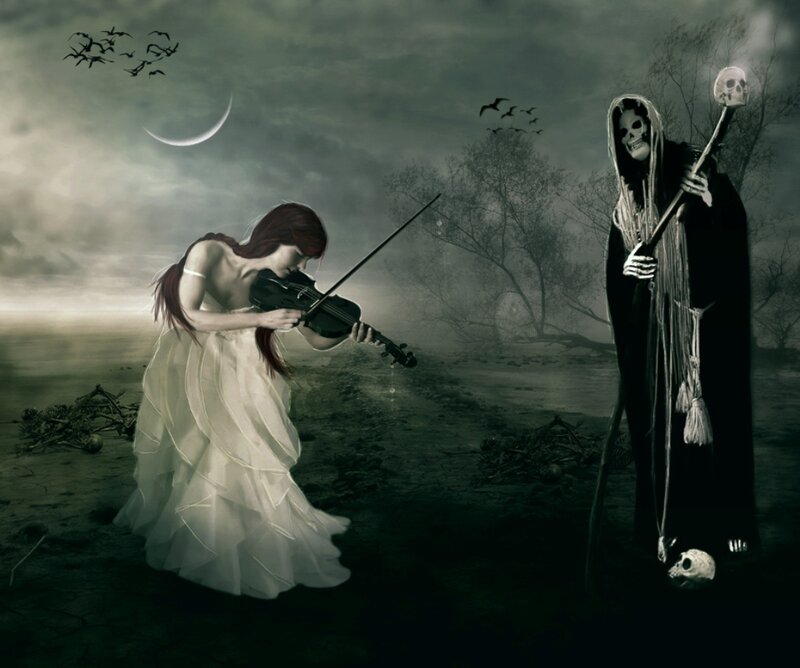 Woman Playing Violin — Gray, Dramatic, Night, Digital Art