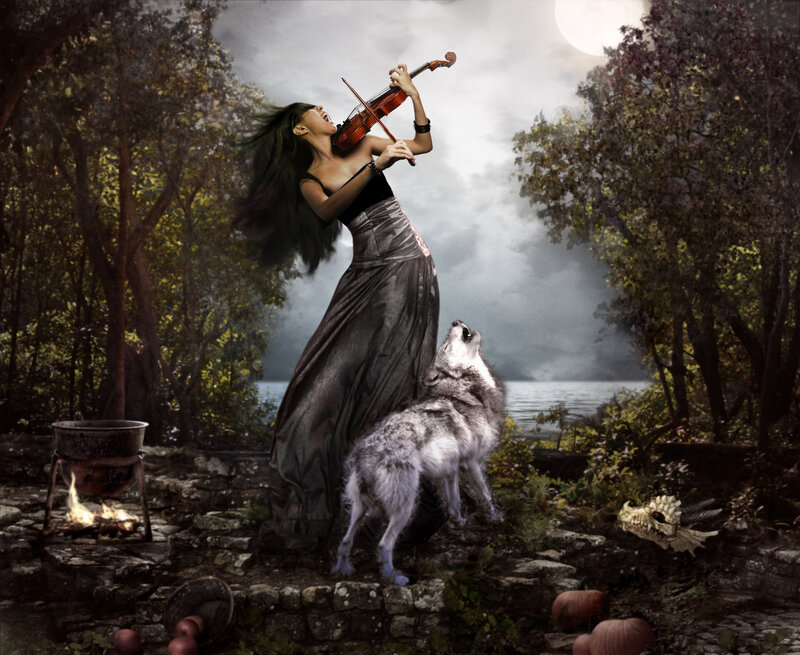 Woman Playing Violin — Gray, Dramatic, Night
