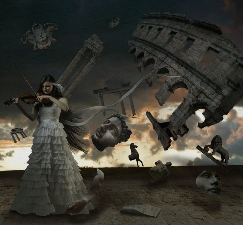 Woman Playing Violin — Gray, Dramatic, Sunset, Digital Art