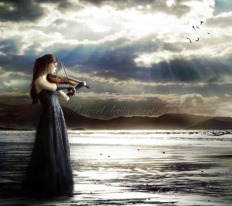 Woman Playing Violin — Gray, Dramatic, Sunset