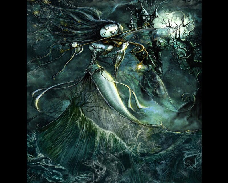 Woman Playing Violin — Green, Dark
