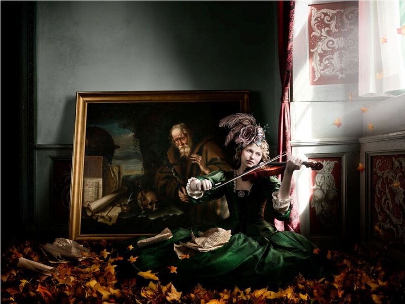 Woman Playing Violin — Green, Dramatic, Autumn, Photograph