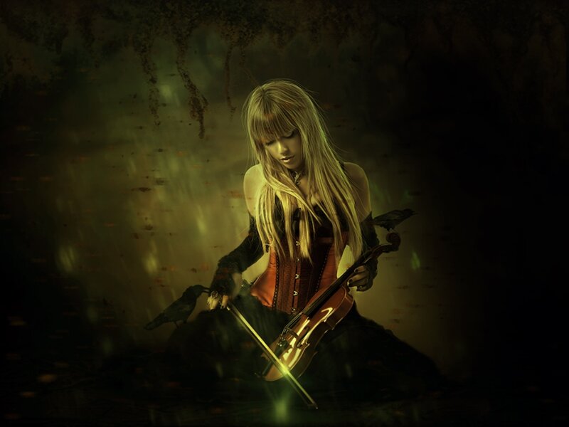 Woman Playing Violin — Green, Dramatic, Night, Digital Art