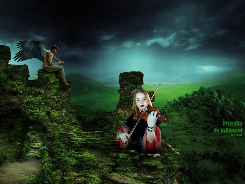 Woman Playing Violin — Green, Dramatic, Night