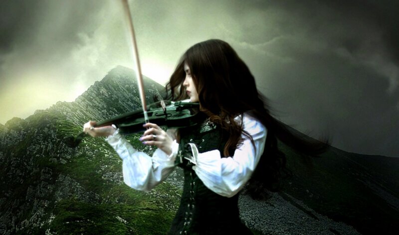 Woman Playing Violin — Green, Dramatic