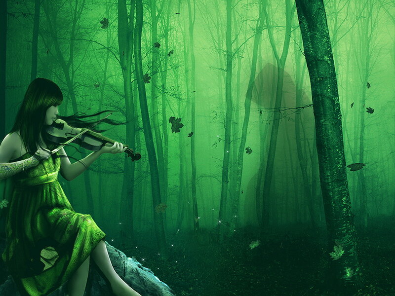 Woman Playing Violin — Green, Mystical, Night