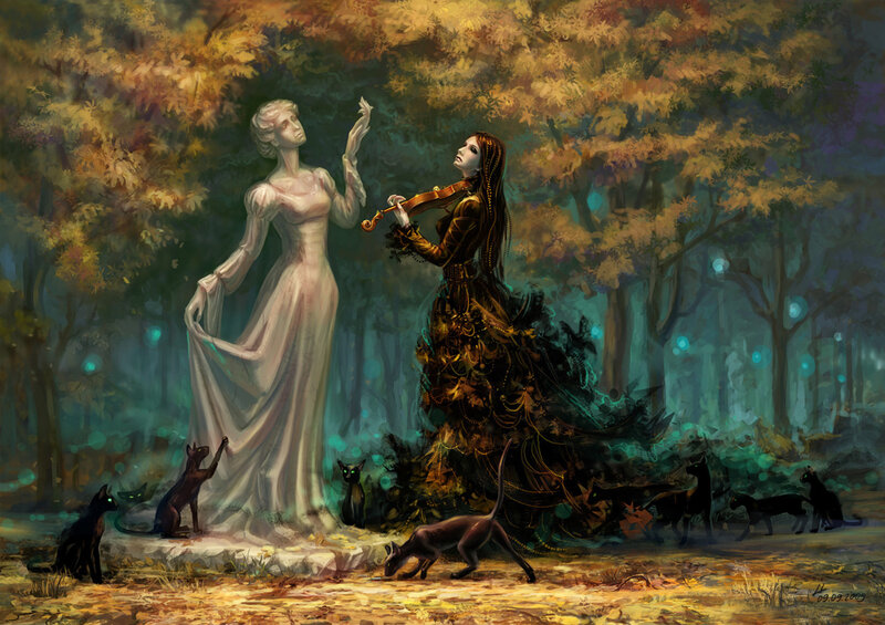 Woman Playing Violin — Green, Mystical