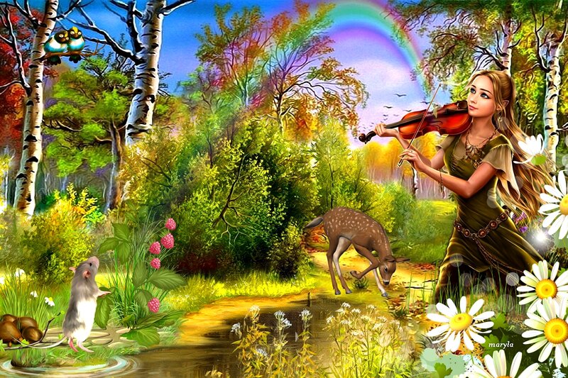 Woman Playing Violin — Green, Serene, Afternoon, Digital Art