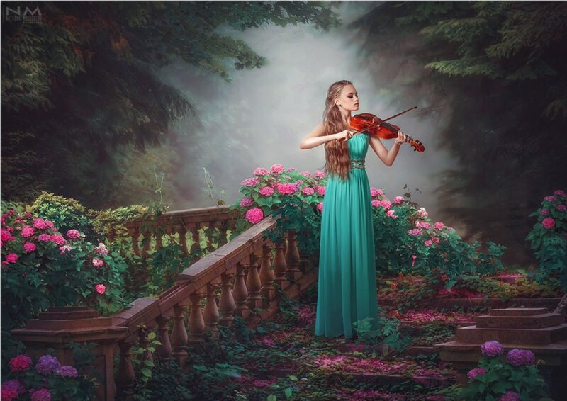 Woman Playing Violin — Green, Serene, Digital Art, Flowers