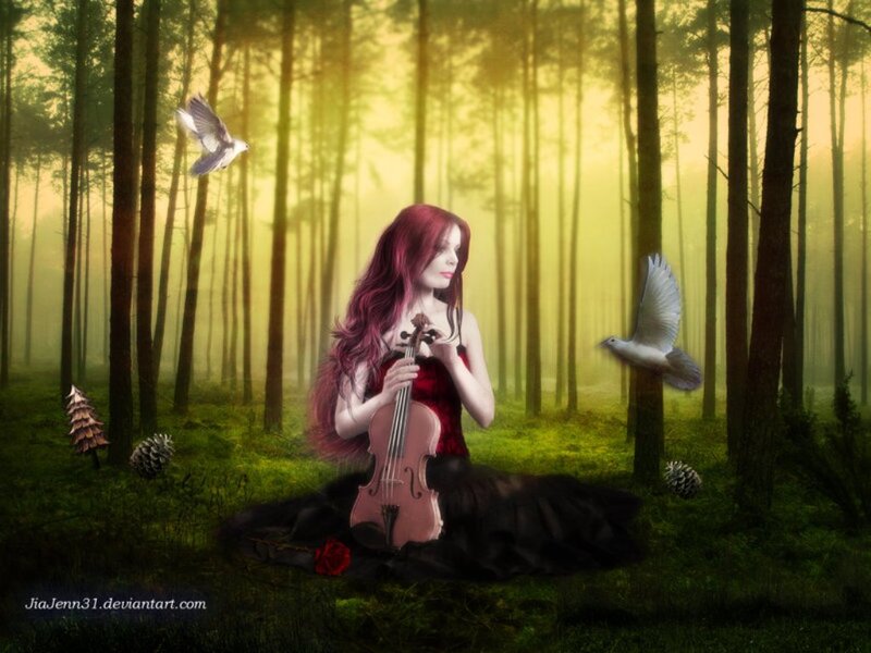 Woman Playing Violin — Green, Serene, Morning, Digital Art, Birds