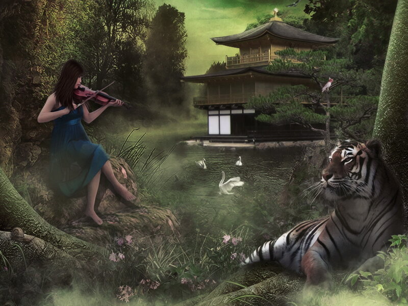 Woman Playing Violin — Green, Serene, Morning, Digital Art, Tiger
