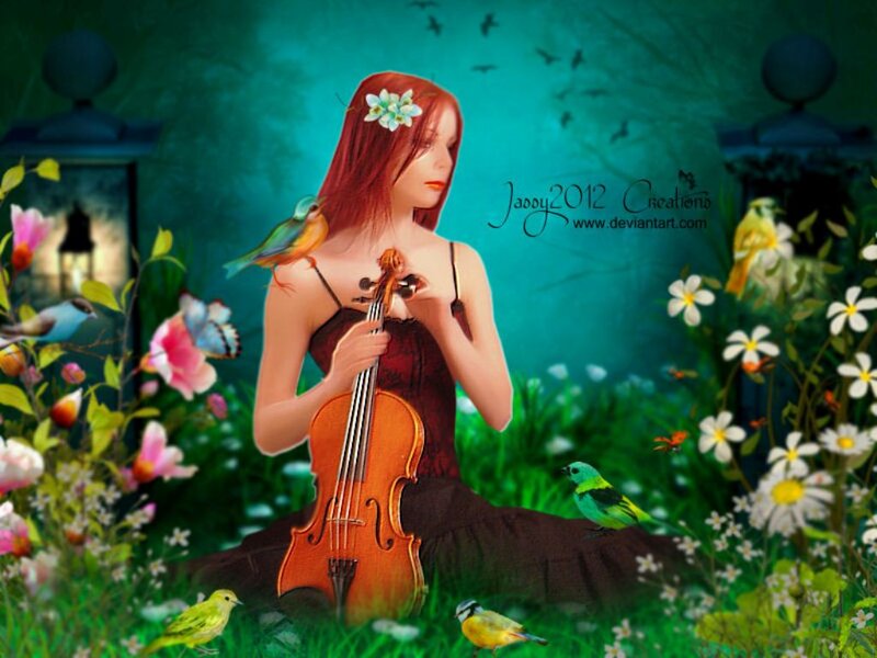 Woman Playing Violin — Green, Serene, Night