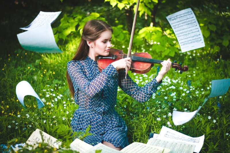 Woman Playing Violin — Green, Serene, Summer