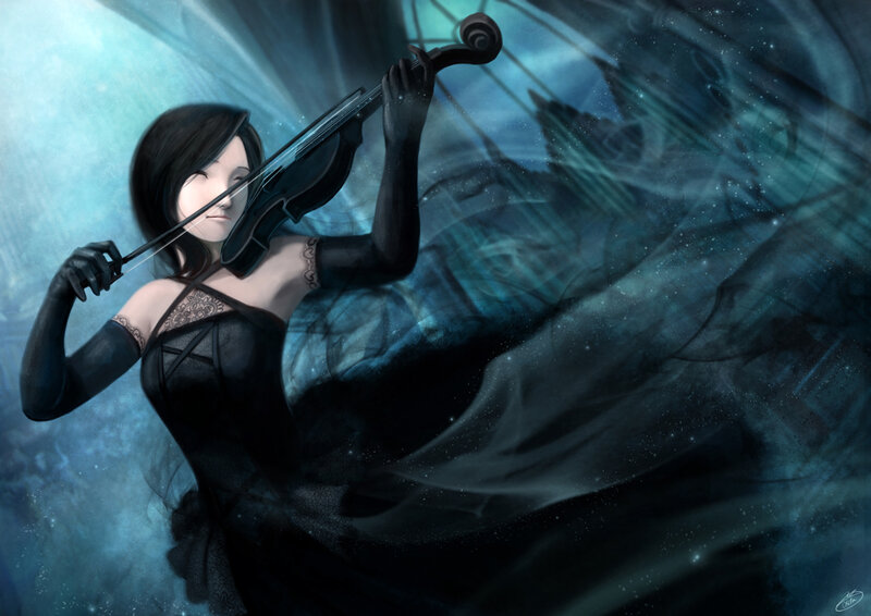 woman playing violin in blue mist