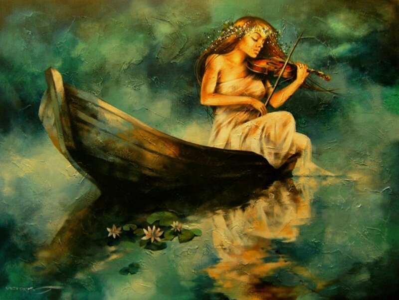 Woman Playing Violin in Boat
