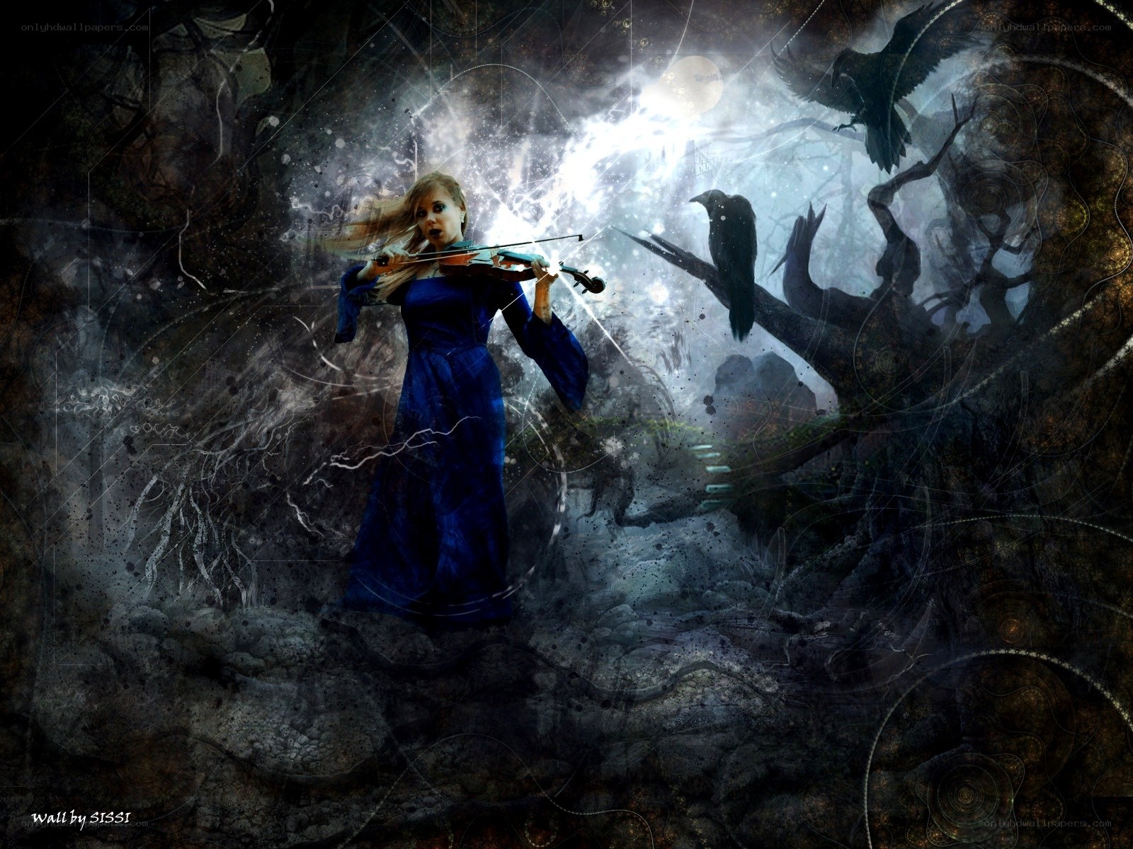 Woman playing violin in dark forest