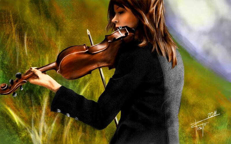 woman playing violin in field