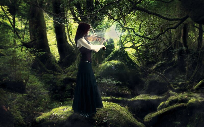 Woman playing violin in forest