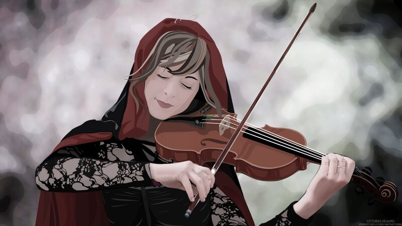 woman playing violin in red cloak