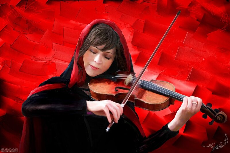 woman playing violin in red hood