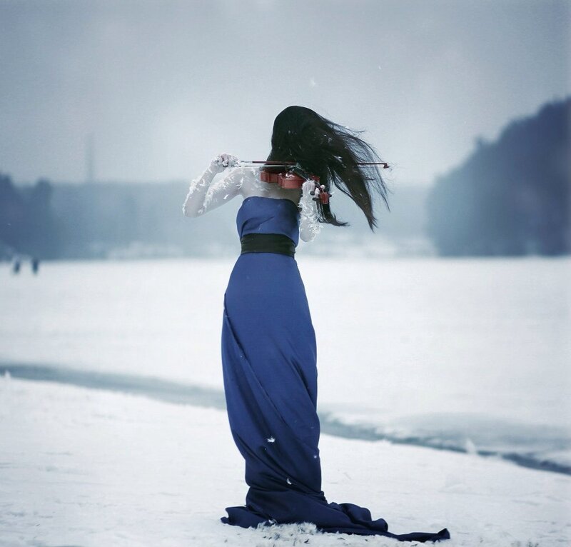 Woman Playing Violin in Snow — Blue