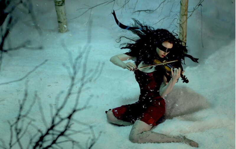 Woman Playing Violin in Snow — White
