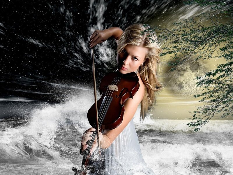 woman playing violin in storm
