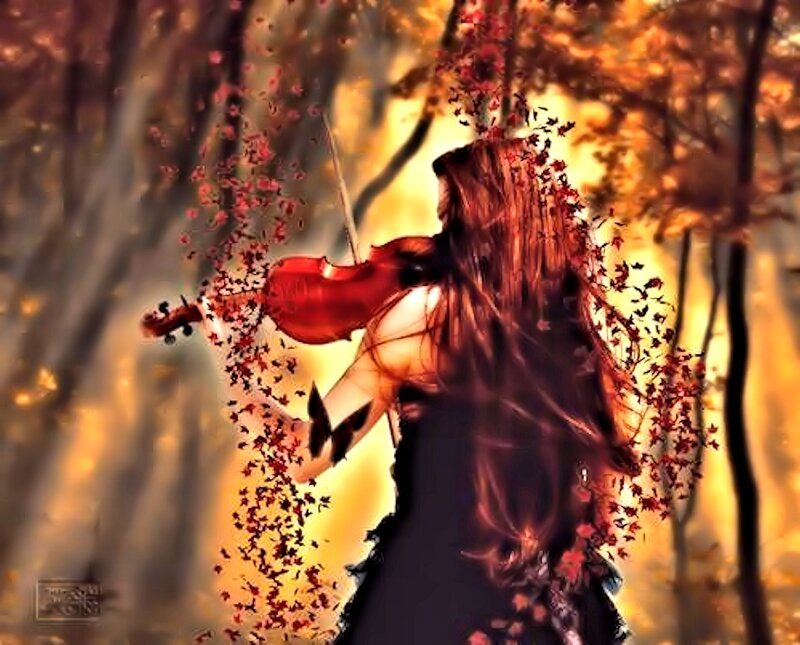 Woman Playing Violin — Orange, Dramatic, Autumn, Digital Art