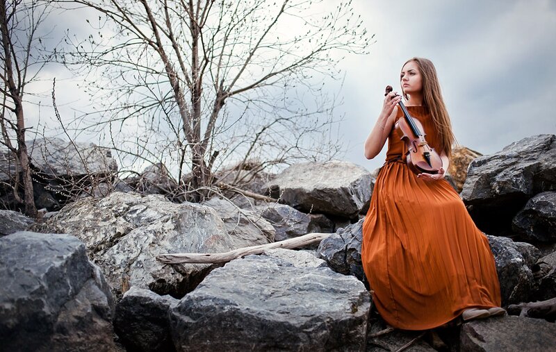 Woman Playing Violin — Orange, Dramatic, Autumn, Photograph