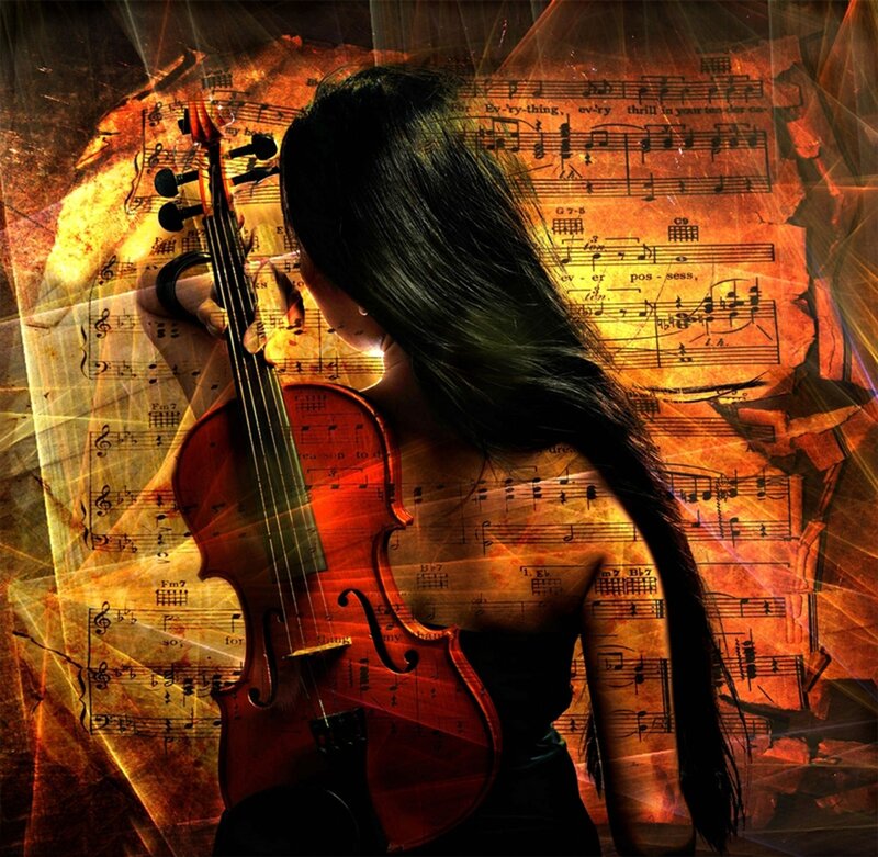 Woman Playing Violin — Orange, Dramatic, Digital Art, Sheet Music