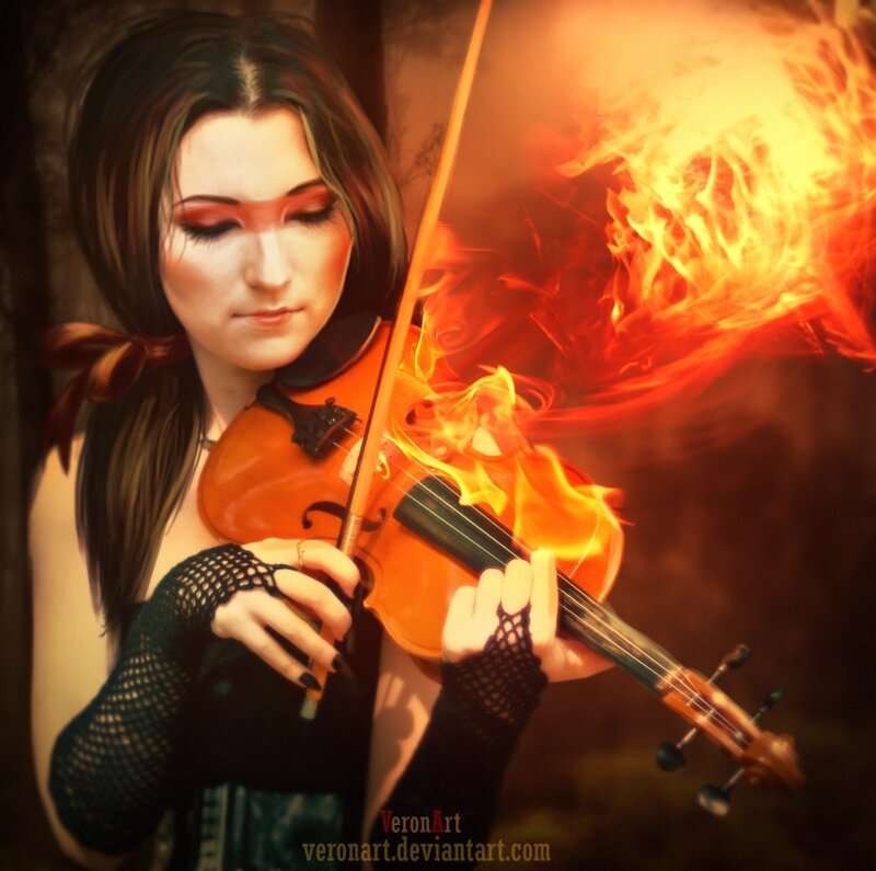Woman Playing Violin — Orange, Dramatic, Digital Art