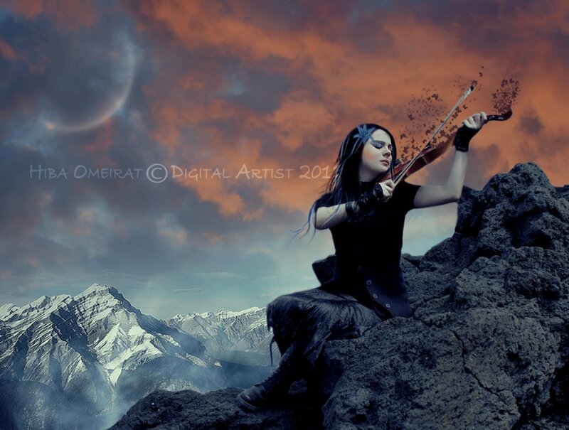 Woman Playing Violin — Orange, Dramatic, Night