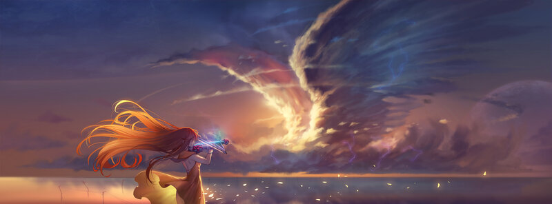 Woman Playing Violin — Orange, Dramatic, Sunset, Digital Art, Storm