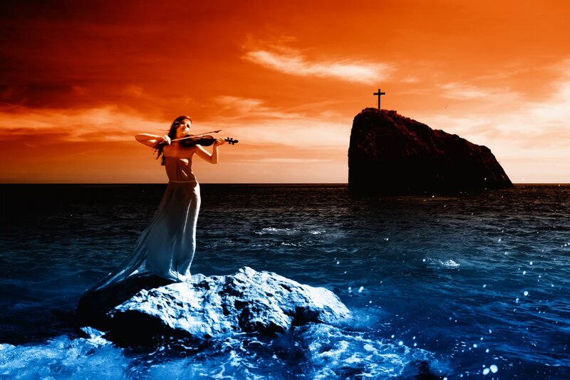 Woman Playing Violin — Orange, Dramatic, Sunset, Digital Art