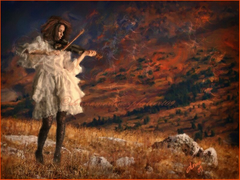 Woman Playing Violin — Orange, Dramatic, Sunset