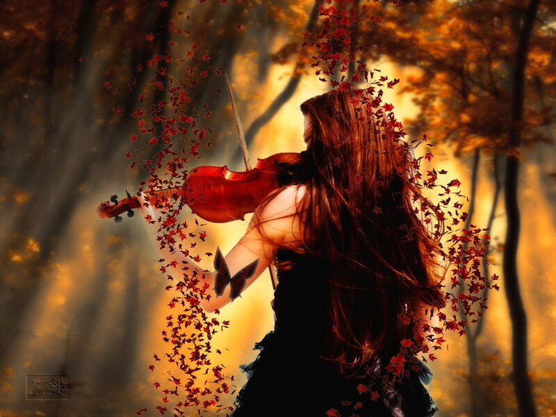 Woman Playing Violin — Orange, Dramatic