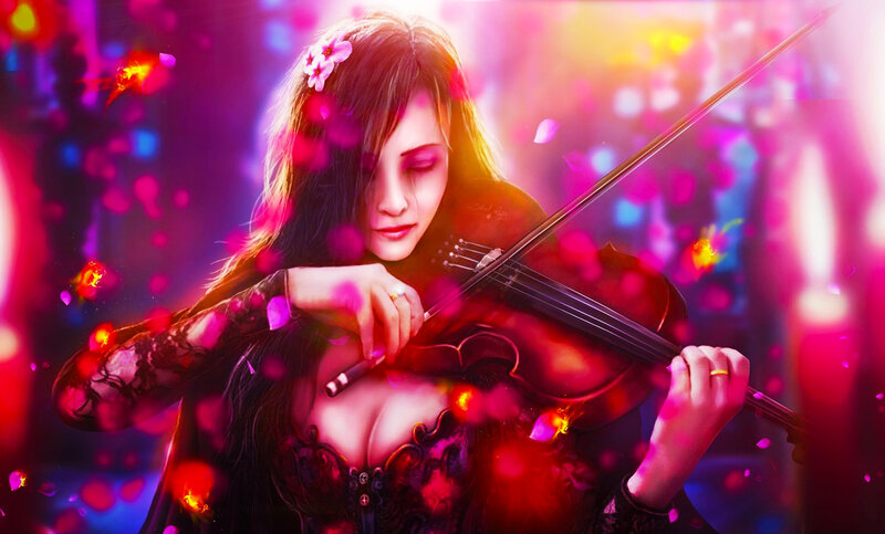 Woman Playing Violin — Pink, Dramatic, Night
