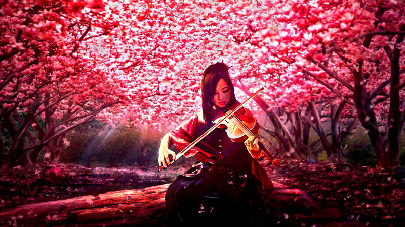 Woman Playing Violin — Pink, Serene, Spring, Digital Art