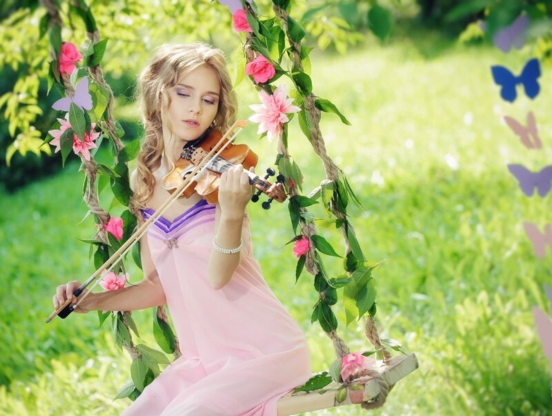 Woman Playing Violin — Pink, Serene, Summer