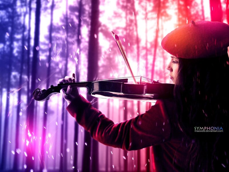 Woman Playing Violin — Purple, Dramatic, Digital Art, Beret