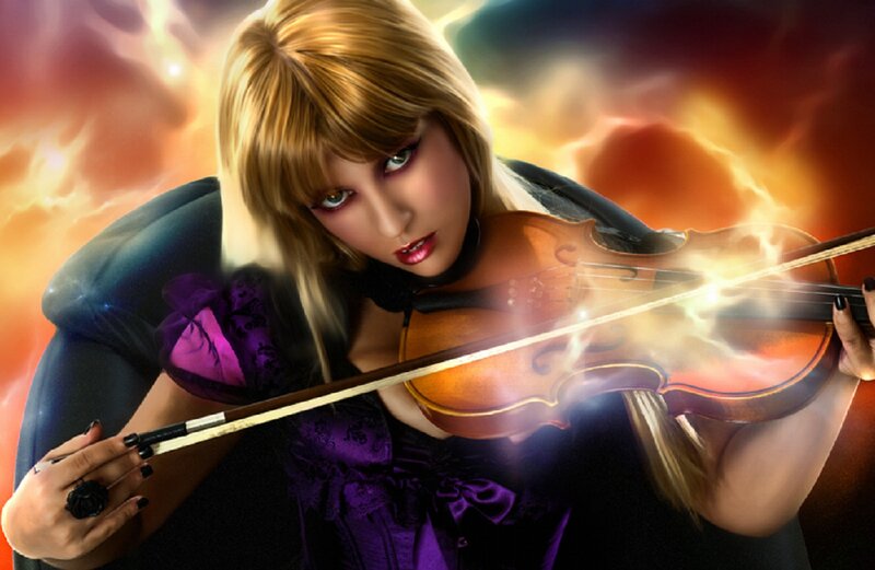 Woman Playing Violin — Purple, Dramatic, Digital Art, Bow, Electricity