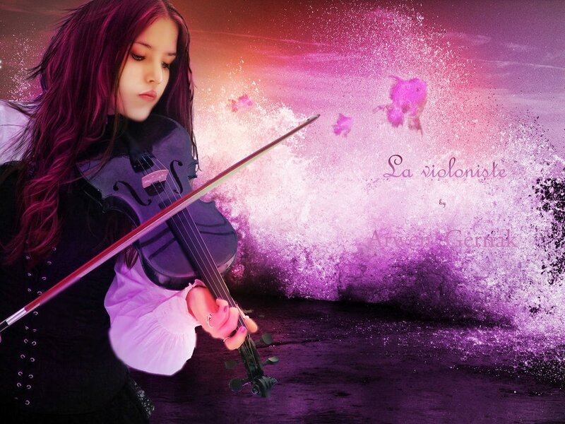 Woman Playing Violin — Purple, Dramatic, Digital Art, Bow, Splashing Water