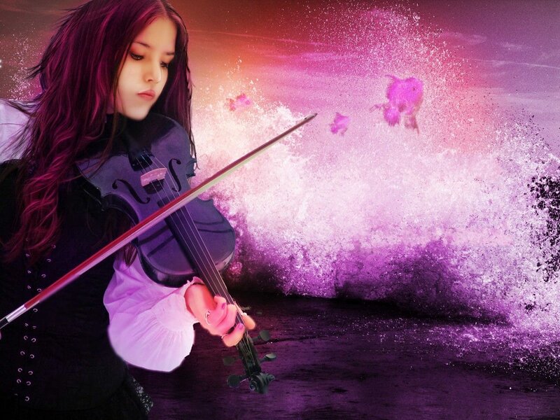 Woman Playing Violin — Purple, Dramatic, Digital Art, Bow