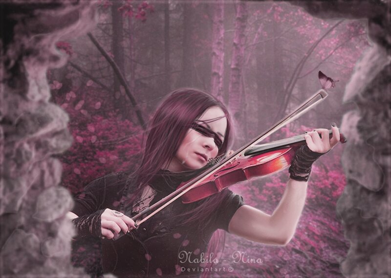 Woman Playing Violin — Purple, Dramatic, Digital Art, Butterfly