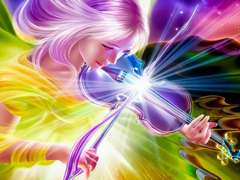 Woman Playing Violin — Purple, Dramatic, Digital Art, Light Rays