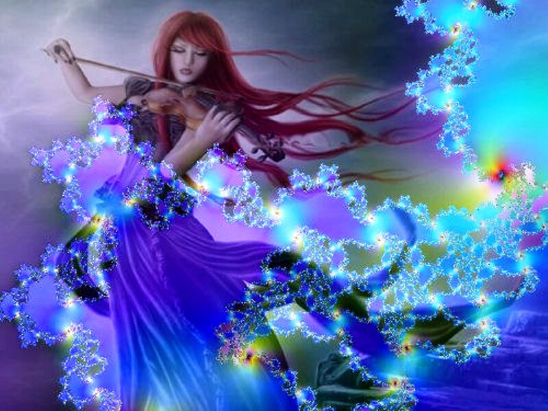 Woman Playing Violin — Purple, Dramatic, Digital Art, Long Hair