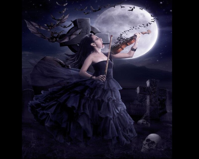 Woman Playing Violin — Purple, Dramatic, Night, Digital Art, Bats