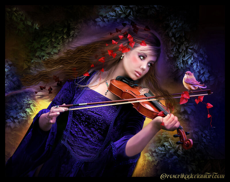 Woman Playing Violin — Purple, Dramatic, Night, Digital Art, Bird, Leaves