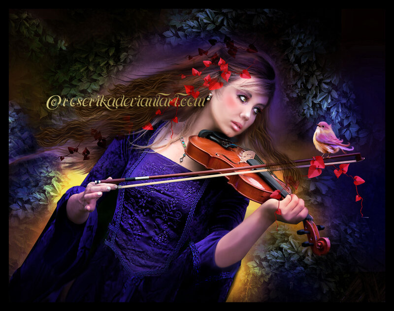 Woman Playing Violin — Purple, Dramatic, Night, Digital Art, Bird