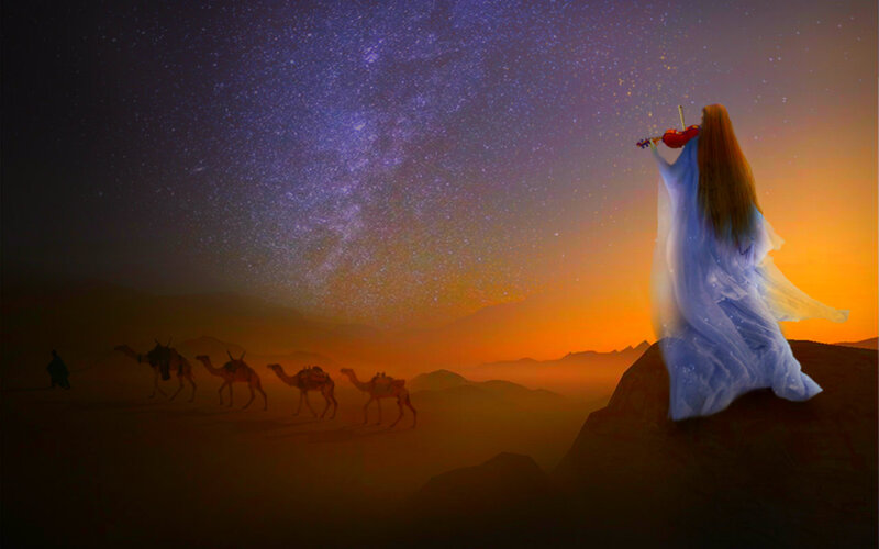 Woman Playing Violin — Purple, Dramatic, Night, Digital Art, Camel Caravan